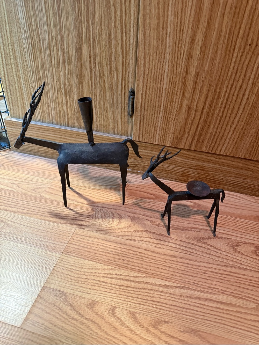 Two Antique Brutalist Wrought Iron Blackbuck Similar Antelope Candleholders